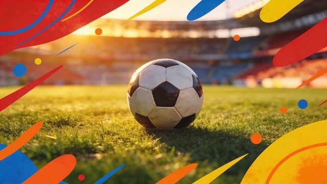 Soccer ball on stadium grass at golden hour with vibrant red blue yellow abstract overlays