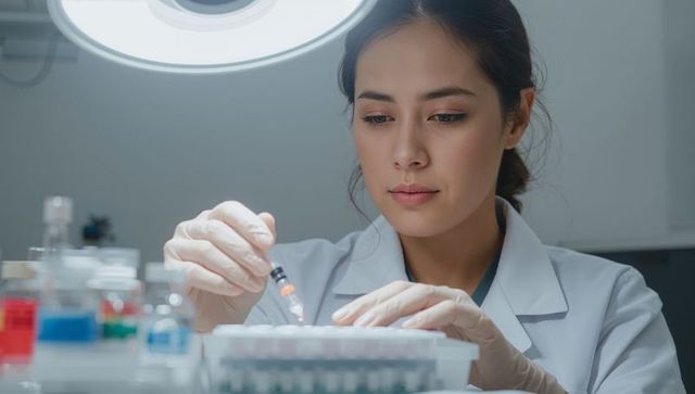 Scientist pipetting samples in clinical lab with microtube rack and sterile gloves