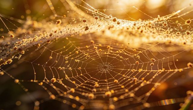 Glistening Golden Orb Spider Web Holding Dew and Pollen, Backlit Meadow Macro Morning