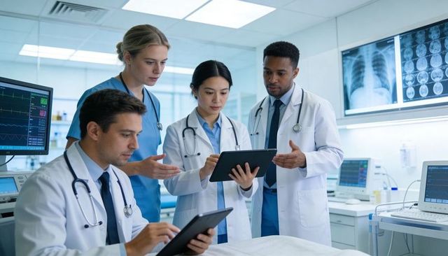 Multidisciplinary medical team reviewing patient data on tablets and monitors in hospital