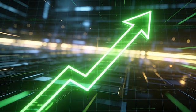Futuristic neon green upward arrow showing market growth and financial momentum analytics