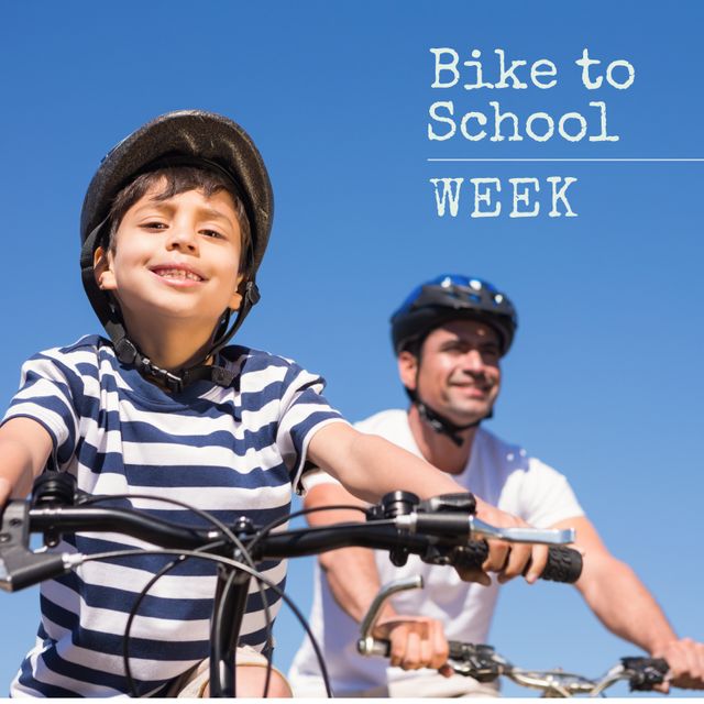 Digital portrait of smiling caucasian son riding bicycle with father, bike to school week text. Copy space, family, benefits of cycling, encourages healthy habit, celebration, learning.
