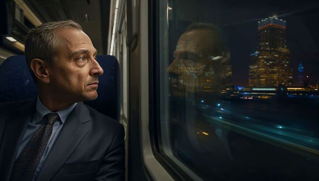 Executive gazing through train window at night reflecting city skyline and lights
