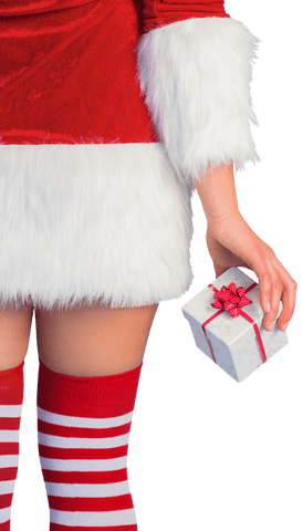Santa costume holding gift box on transparent background