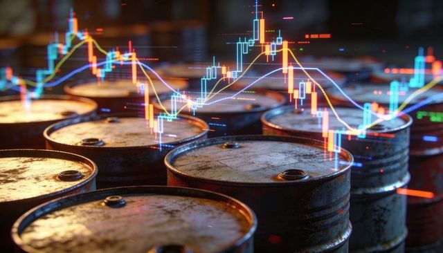Rusty oil barrels reflecting neon candlestick charts and moving-average lines