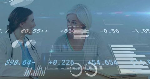 Doctor consulting older patient with digital health analytics and data overlays on laptop