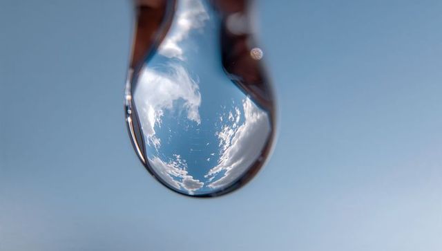 Reflecting sky in single water droplet revealing inverted clouds and blue horizon