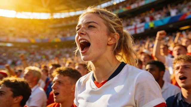 Young female fan cheering loudly in stadium crowd during golden hour football celebration