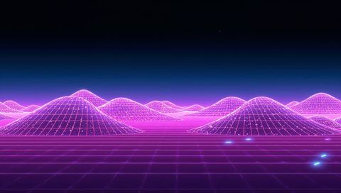 Neon Wireframe Hills on Retro Futuristic Synthwave Grid Horizon with Glowing Particles