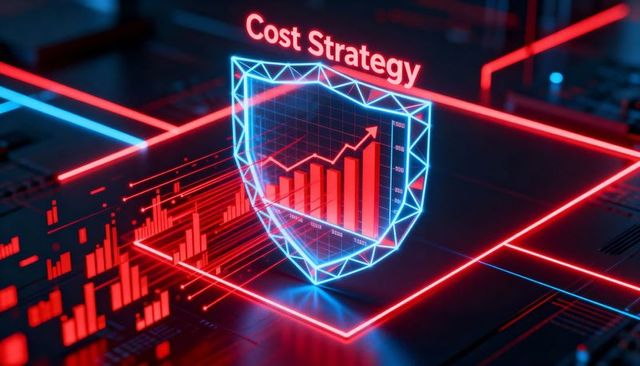 Neon holographic shield protecting cost strategy with rising red bar chart and arrow
