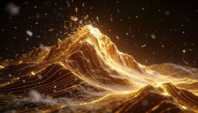 Radiating golden wireframe peak emitting shards and particles 3d abstract luminous scenery
