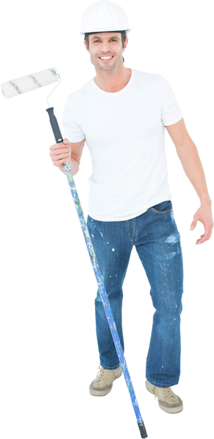 Transparent image of smiling painter in hard hat holding paint roller - Download Free Stock Videos Pikwizard.com