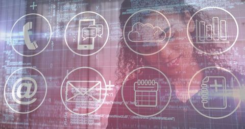 Smiling woman interacting with holographic communication, cloud and calendar interface