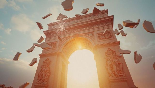 Sunlight streaming through triumphal arch breaking apart with floating stone fragments