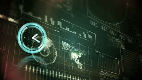 Digital Interface with Futuristic Clock and Data Elements