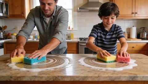 Father and son scrubbing granite countertop with colorful sponges, making soapy swirls