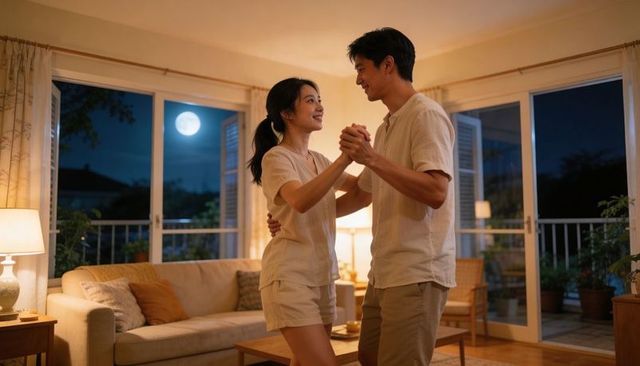 Moonlit living room dance between cozy couple sharing intimate date night at home