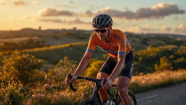Endurance cyclist riding road bike at golden hour on rural country road training outdoors