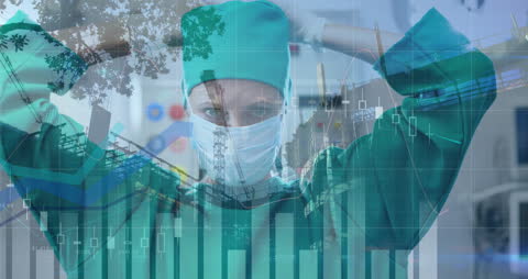 Surgeon Preparing Amidst Financial Data Overlay