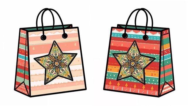 Festive star mandala gift bags with colorful stripes and black handles for holiday packaging