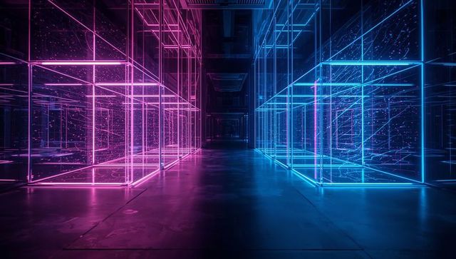 Neon wireframe cube corridor pink and cyan glow futuristic tech background