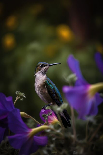 Hummingbird hovering by blue flower, copy space, created using generative ai technology. Beauty in nature, wildlife, agility and feeding concept digitally generated image.