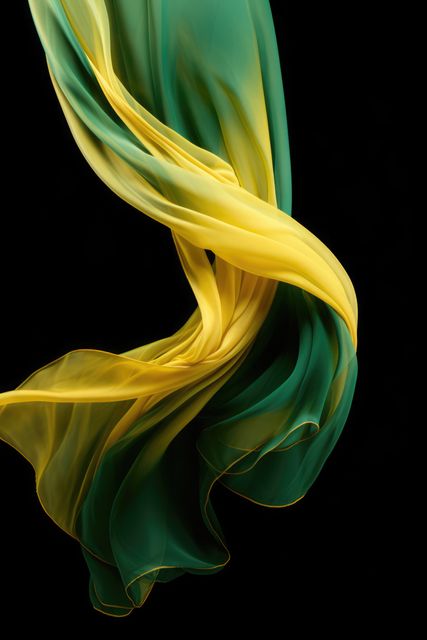 Yellow and green silk material on black background, created using generative ai technology. Fabric, texture and colour concept digitally generated image.