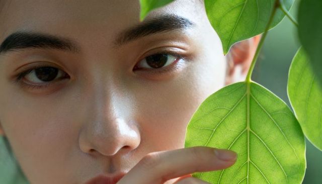 Close-up portrait holding vibrant green leaf, contemplative gaze, natural beauty concept