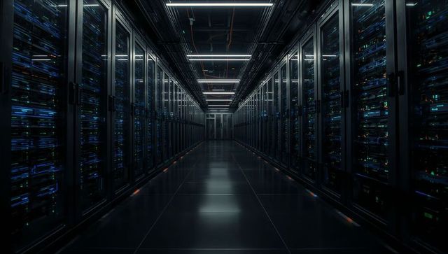 Futuristic data center corridor showing symmetrical server racks with blue and green leds