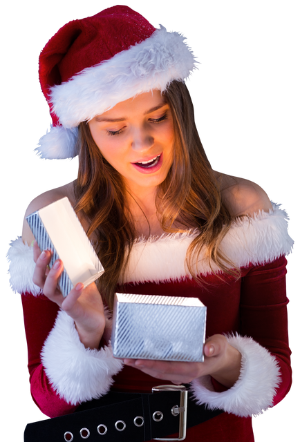 Woman in Santa Hat Opening Gift Box with Surprise, Isolated on Transparent Background - Download Free Stock Videos Pikwizard.com