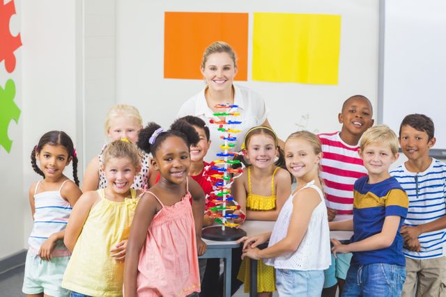 Children and teacher gathered around a colorful DNA model in a science classroom. Ideal for educational materials, school brochures, and websites promoting STEM education. Highlights diversity, teamwork, and the joy of learning.