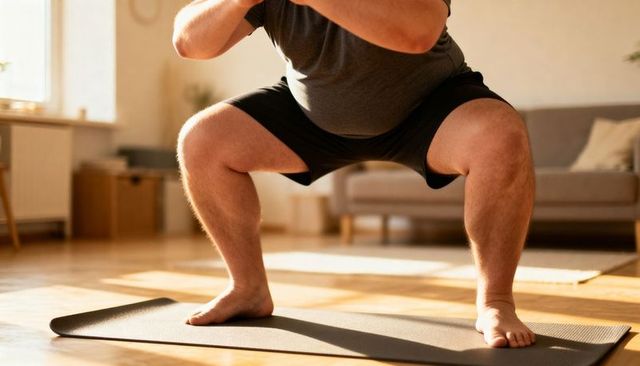 Performing squat barefoot on mat in sunlit living room for home workout