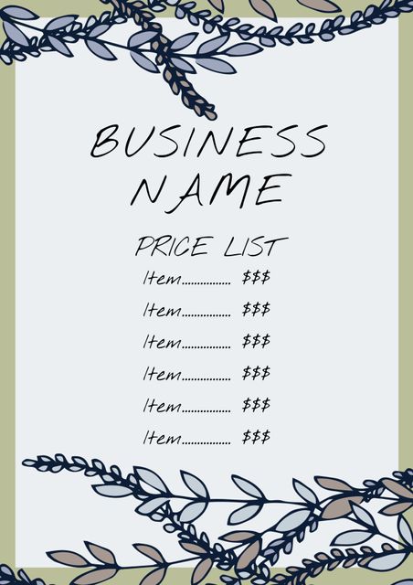 Elegant price list template ideal for various businesses, featuring a clean layout with a decorative botanical border. Perfect for cafes, boutiques, and service providers aiming to present their prices attractively. Easily customizable to fit specific business needs.