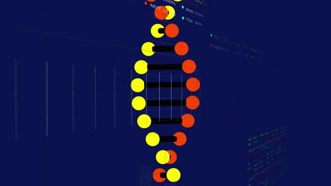 Abstract Rotating DNA Strand Over Digital Data Background