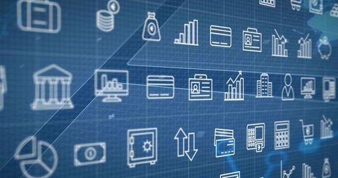 Displaying Digital Finance Icon Grid on Blue Analytics Dashboard with Fintech Elements