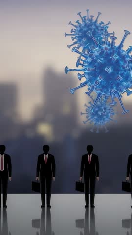 Vertical video of blue virus entering and drifting across suited men on rooftop skyline