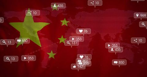 Social Media Network Icons Overlayed on China Flag