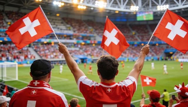 Swiss fans waving flags and cheering in stadium during football match and celebration