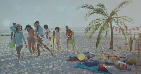Diverse Group Enjoying Beach Day with Picnic Setup