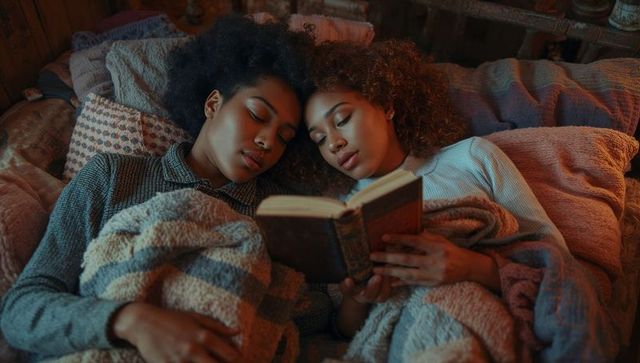 Two Friends Relaxing in Cozy Bed Sharing a Book
