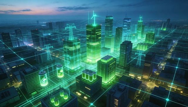 Futuristic smart-city energy grid glowing neon green across urban skyline at dusk