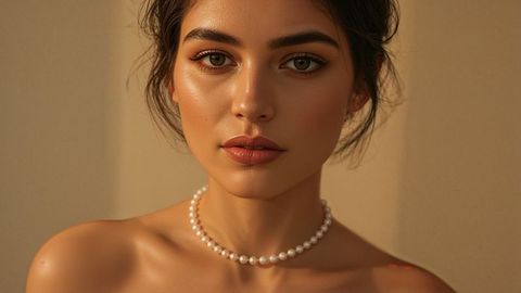 Elegance in warm light: ai-generated beautiful lady with pearl necklace