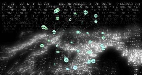 Holographic network sphere pulsing over binary grid connecting data nodes and icons