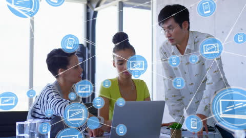 Diverse Colleagues Collaborating with Digital Network Icons Overlay