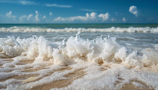 Foamy Wave Rolling Over Sunlit Sandy Shoreline, Turquoise Ocean and Blue Sky