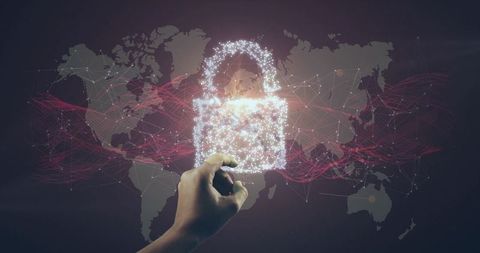 Hand Interacting with Digital Padlock on Global Network