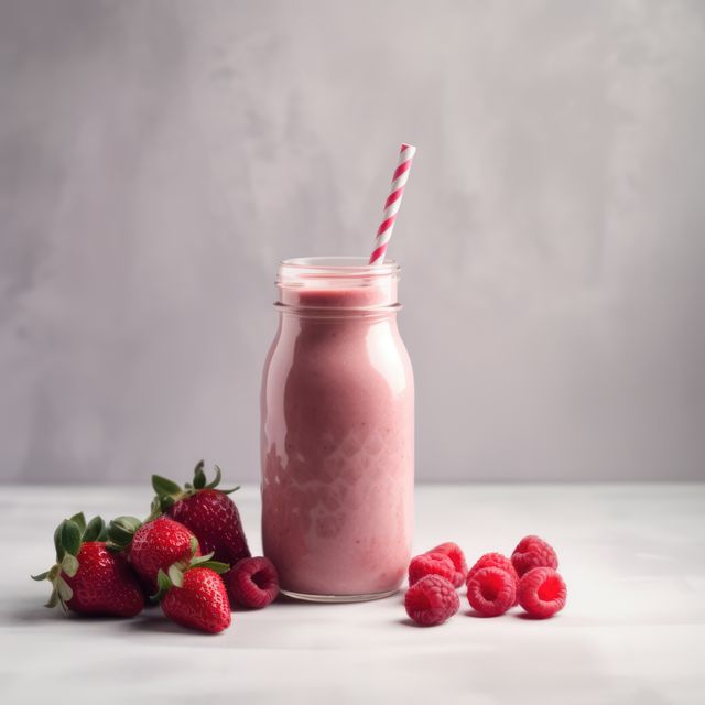 Berry smoothie, strawberries, raspberries on grey background, created using generative ai technology. Fruit smoothie, food and drink, healthy eating concept digitally generated image.
