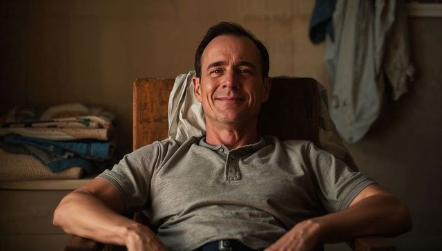 Middle-aged man reclining in armchair smiling with warm interior light and relaxed posture