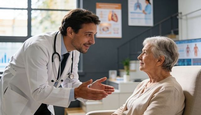 Doctor leaning and reassuring senior patient during consultation in medical office