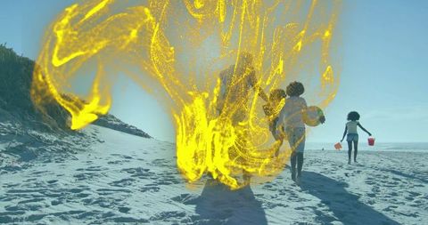 Family beach walk with vibrant gold ribbon overlay